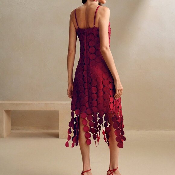 Burgundy Elegant Women's Knitted Sling Soluble Lace Short Dress - Picture 2 of 6